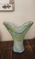 Vintage MCM Hand Blown Vase Stretched Green / Blue Glass 9  Tall Murano 