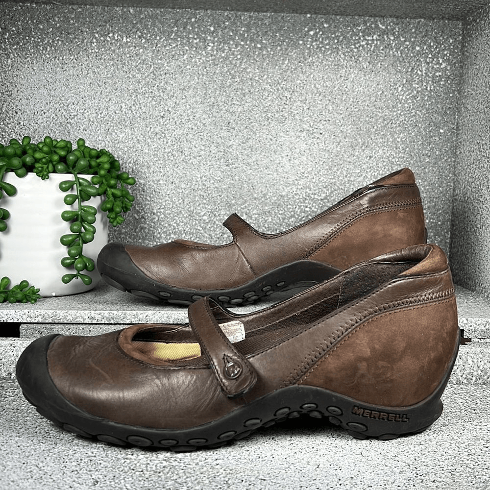 Scarpe sandali Mary Jane Merrell Plaza flaunt pelle sella castagno misura 9