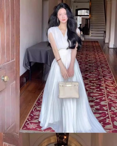 Solid Pleats Long Dresses V Neck Holiday Party Vestidos Women High Waist Wedding - Bild 12 von 25