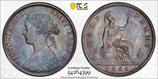 1866 Great Britain Victoria 1/2 Penny PCGS MS64BN Lot#G1757 Beautiful Toning!