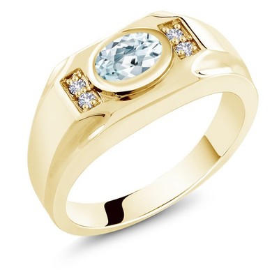 Men's 18K Yellow Gold Plated Silver Aquamarine and White Created Sapphire Ring