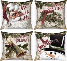 Lanpn Vintage 18x18 Christmas Throw Pillow Covers Set of 4, Retro Santa Claus Sn