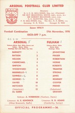 Arsenal Reserves v Fulham (Combination) 1970/1971 - Single card programme