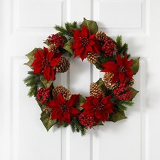 24 Poinsettia, Berry and Golden Pine Cone Artificial Wreath