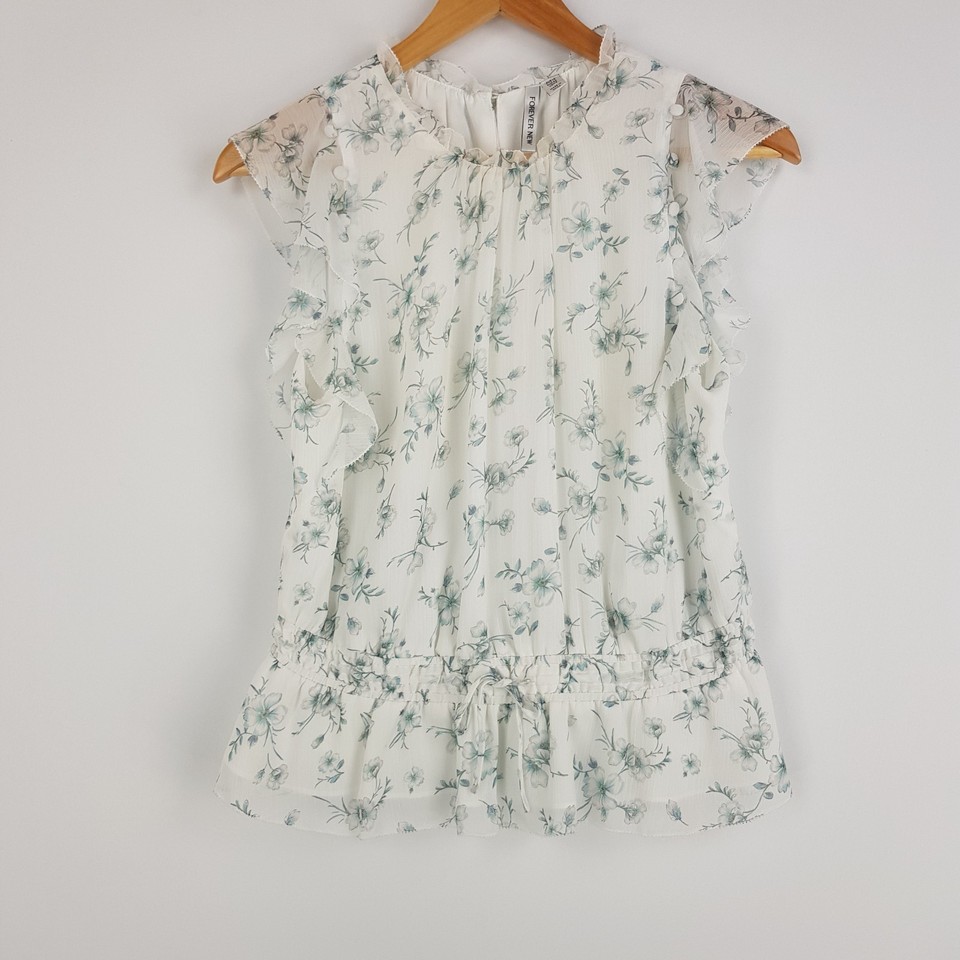 Forever New Womens Size 10 White Sheer Lined Floral Sleeveless Blouse Peplum Tie