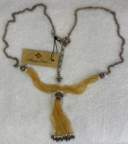 Patricia Nash Boho Tassel Yellow Antique Brass Pearl Tone Beaded Necklace NWT - Picture 4 of 18