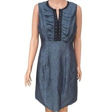 Nine West Sleeveless Linen Blend Ruffle Neck Sheath Dress Sz 6 Denim Blue Office