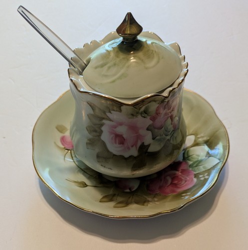 Lefton Vintage China Heritage Rose Green Jam Server And Plate #1152