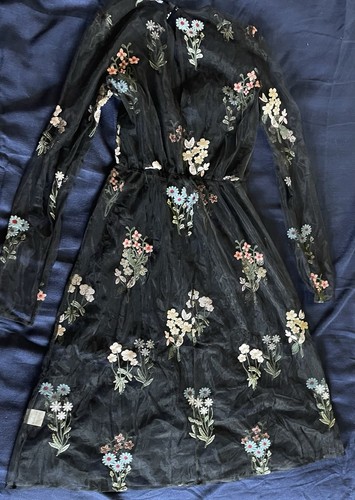 Nasty Gal Black Mesh Embroidered Floral Midi Dress Festival Beach Size 4 - Picture 2 of 8