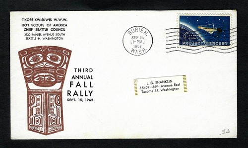 1962 Event Cover T'Kope Kwiskiws Boy Scouts Chief Seattle Council Rally sc 1193