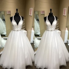 Elegant Wedding Dresses V Neck Beading Rhinestone Bridal Gowns Sweep Train