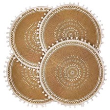 Round Placemats Set of 4,Boho Woven Table Mats with Pompom Tassel for6158