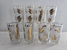 VTG 1950s Libbey Golden Foliage Frosted 6" 12 oz Drinking Glass Set of 8