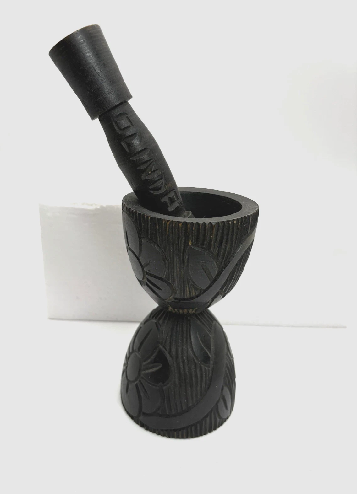 Vtg Hand Carved Wood Mortar & Pestle Black Eclectic Herb Grinder