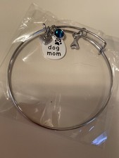 Dog Mom Paw Print Blue Sapphire Stone Heart Bone Silver Charm Bracelet New