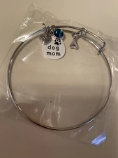 Dog Mom Paw Print Blue Sapphire Stone Heart Bone Silver Charm Bracelet New 