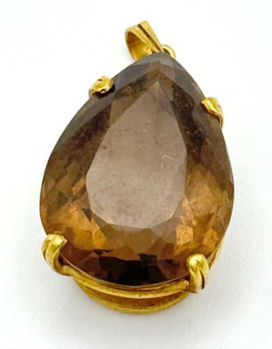 Vintage 14k Yellow Gold Pear-Cut Faceted Smoky Quartz Prong Set Pendant (McC) - Photo 1 sur 12