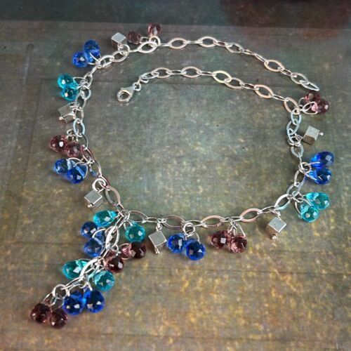 Hallmarked STERLING SILVER 925 Blue Pink Aqua Chain Crystal Choker Y Necklace 16 - Picture 15 of 16