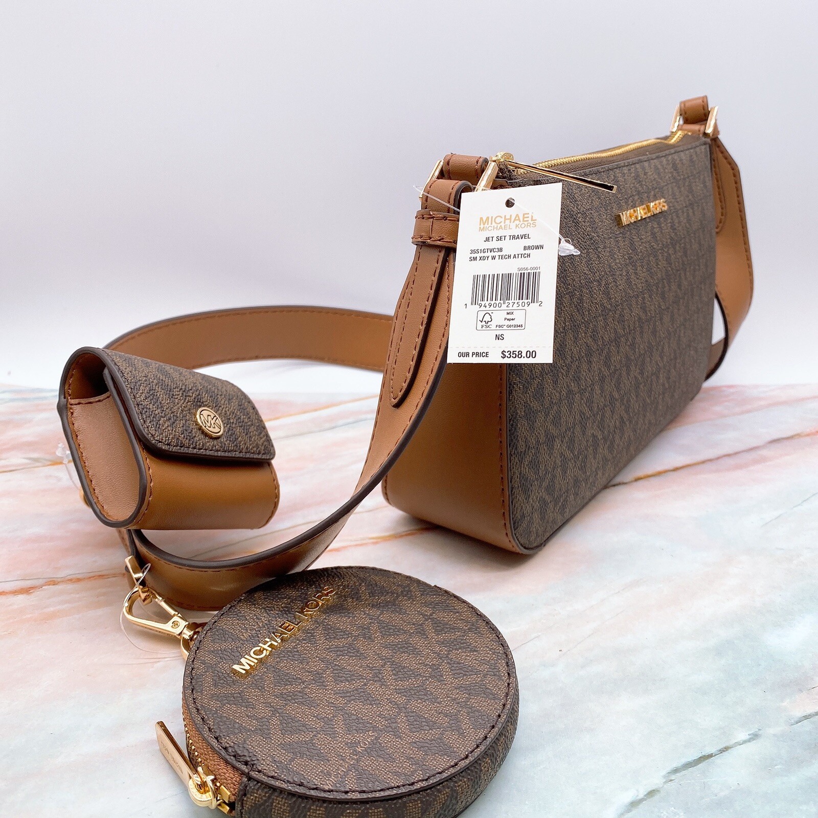 MICHAEL KORS JET SET SMALL CROSSBODY BAG HANDBAG PURSE WITH TECH ATTACHED  BROWN 194900275092