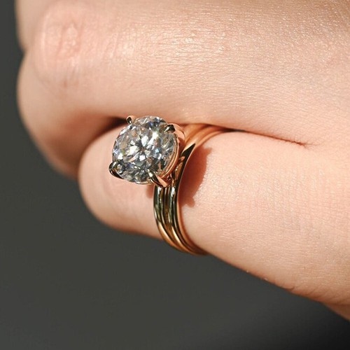 2TCW Round Moissanite Solitaire Matching Bridal Ring Set 14k Yellow Gold Plated - Picture 6 of 11