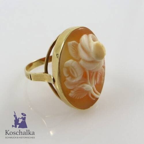 Vintage 585er Goldring mit Muschelgemme, mit einer Rose, 1980, Gr. 55 (0951EB) - Bild 1 von 7