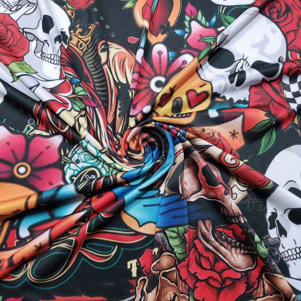 Hermoso Diseño Día de la Muerte Estampado Poli Spandex Tela Foto 3 de 4