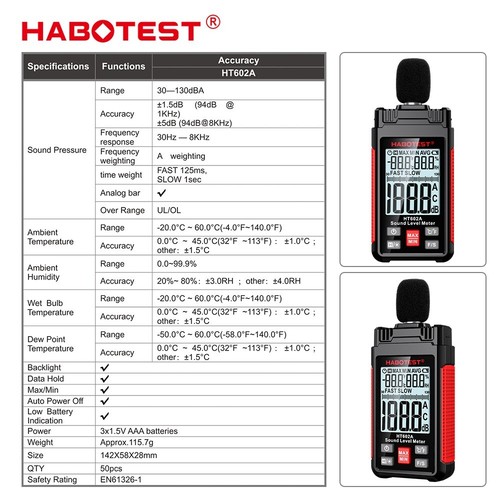 HABOTEST HT602A Sound Decibel Meter Pressure Noise Level Tester Measurement - Picture 3 of 15
