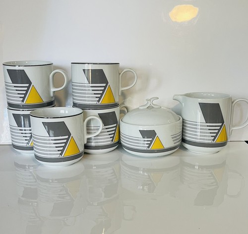 Mikasa Fine China Angles Pattern M2527 Tea Cups Creamer Sugar Bowl Gray White - Picture 8 of 19