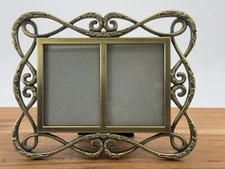 Double Brushed Gold Color Metal Double Picture Frame Floral 2x3.5” Freestanding