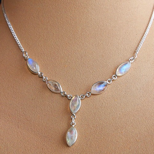 Mondstein Halskette Silber 925 Collier 40cm Kette Cabochon Edelsteine weiß blau - Bild 2 von 5