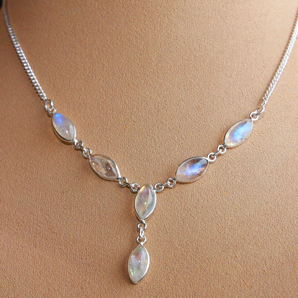 Pietra di Luna Argento Collana 925 Collier 40cm Cabochon Preziose Bianco Blu - Immagine 2 di 4