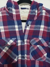 Boston Traders Jacket Womens L Flannel Sherpa Lined Hooded Purple Blue Plaid