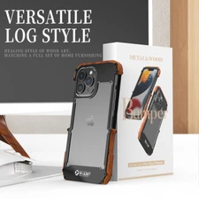 R-Just Wood + Metal Bumper Shockproof Case Cover for iPhone 13 14 15 16 Pro Max