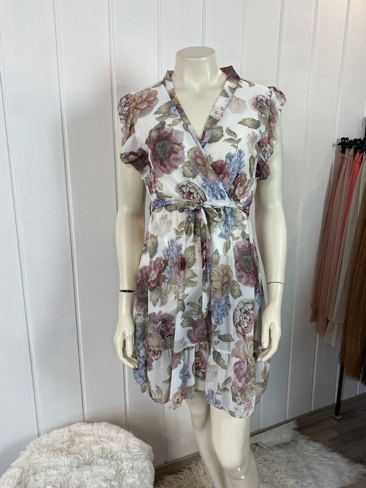 Image of Damen Kleid Chiffon 34-38 XS S M Made in Italy Muster Blumen Weiß