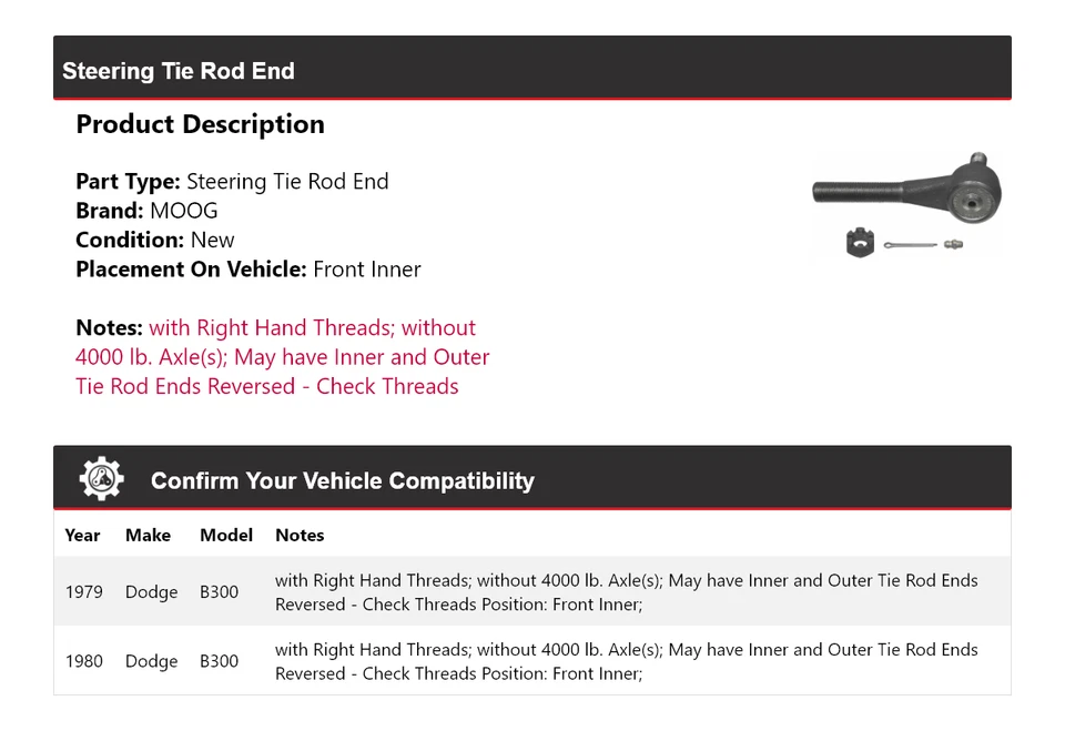 Extremo de barra de dirección interior delantero MOOG para Dodge B300 1979-1980 Foto 2 de 4