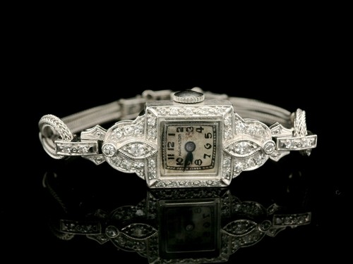 Antico orologio da polso Art Deco Hamilton platino diamanti bracciale maglia oro bianco - Foto 8 di 12
