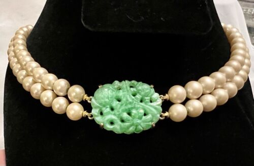 MARVELLA Faux JADE & PEARL Double Strand CHOKER NECKLACE 15” VINTAGE - Picture 19 of 24