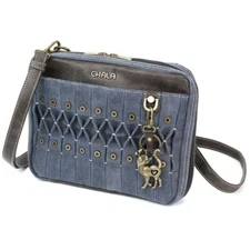 NEW CHALA CHIC STUDDED ORIGAMI DENIM BLUE CANVAS CROSSBODY PURSE CAT KEY CHAIN