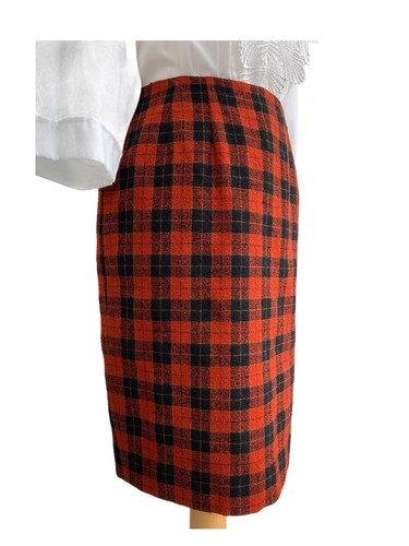 Vintage Skirt Pencil Check Wool Size 10 12 Tartan Red Black Straight 80s Office - Picture 11 of 22