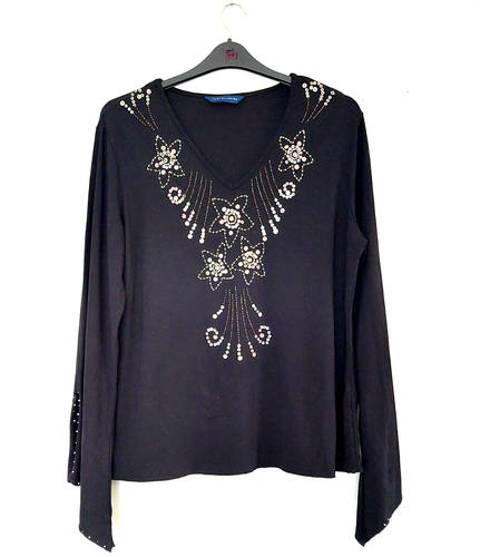 Fashion Extra, 18, BLACK STRETCH V NECK TOP, SEQUINS, LONG SPLIT BELL SLEEVES
