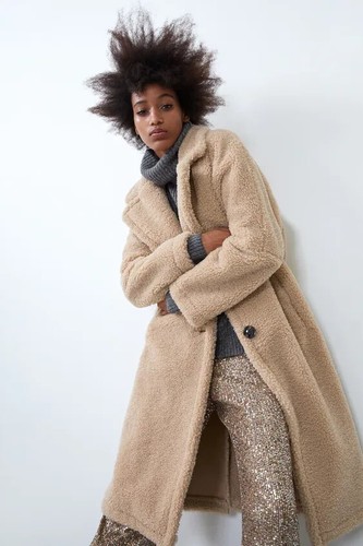 ZARA BEIGE FAUX SHEARLING LOOSE-FITTING LAPEL COLLAR COAT SIZE M - Picture 3 of 17