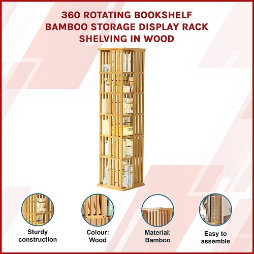 360 Rotating Bookshelf Bamboo Storage Display Rack Shelving in Wood - Picture 2 of 7