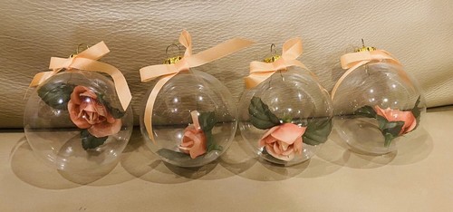 Ornamenti natalizi vintage 4 bicchieri fiore rosa in palla trasparente 3" con nastro - Foto 2 di 4