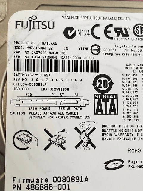Fujitsu 160GB MHZ2160BJ G2 7.2K RPM 8MB Cache SATA 3.0Gb/s 2.5" Hard Drive - Image 2 of 3