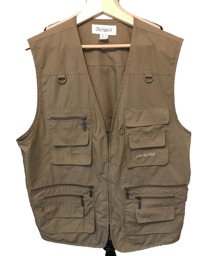 Olympina Photographers Fishing Hunting Full Zip Vest, Tan, Lots of Pockets, XL