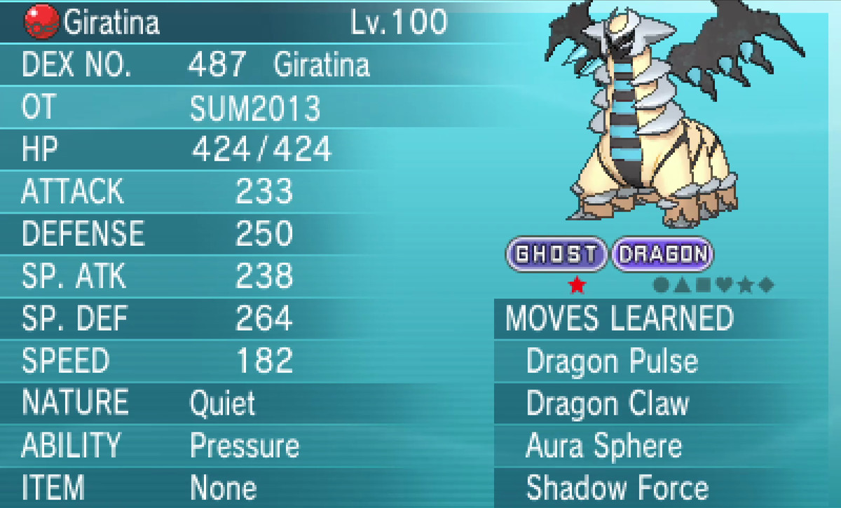 Pokemon Ultra Sun and Ultra Moon - Summer 2013 Event 6IV Shiny Giratina  Trade