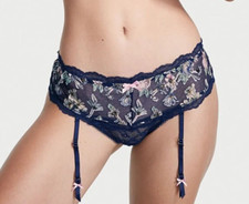 NWT Victoria's Secret DREAM ANGELS Navy Floral Thong Garter Belt Panty M