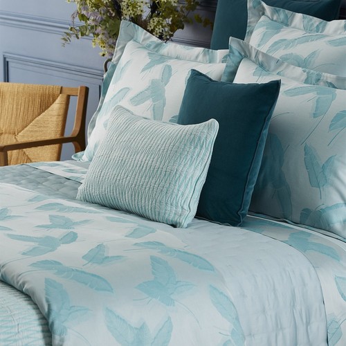 New Yves Delorme Sham Jacquard Leaf Feather Reverse Aqua Green Blue solid France - Picture 9 of 15