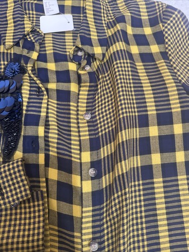 H&M kariertes Shirt mit Knopfleiste Pailletten perlenförmig Vogel gelb marineblau Gr. 2 neu - Bild 9 von 12