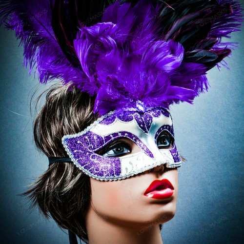 Venetian Glitter Crystal Masquerade Party Mask with Feather and Stick - White Go - Picture 3 of 8